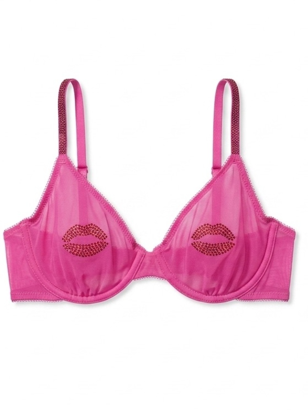 Victoria's Secret Hot Pink Sheer Underwire Bra with Lip Crystal Motif